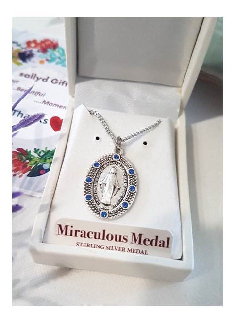 Sterling Silver Lady Of Grace Necklace/Sterling Our lady of Miraculous Medal Pendant/Virgin Mary Sterling Medal/Silver Mother Of God Jewelry