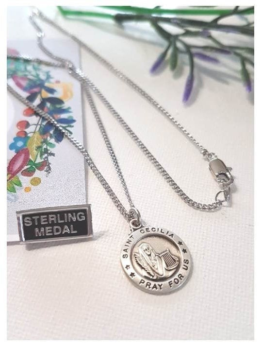 St Cecilia Sterling Medal/Sterling Silver Saint Cecilia Pendant/Silver St Cecil Patron Saint Of Musicians and Choir/Catholic Female Saints