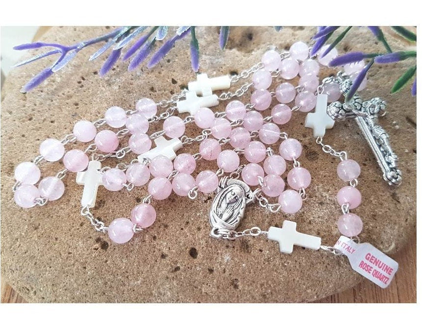 Genuine Rose Quartz Rosary/Mothers Day Rosary and Gifts/Gemstone Rose Quartz with Mother Of Pearl Rosary/Italian Rose Pink Quartz Rosary