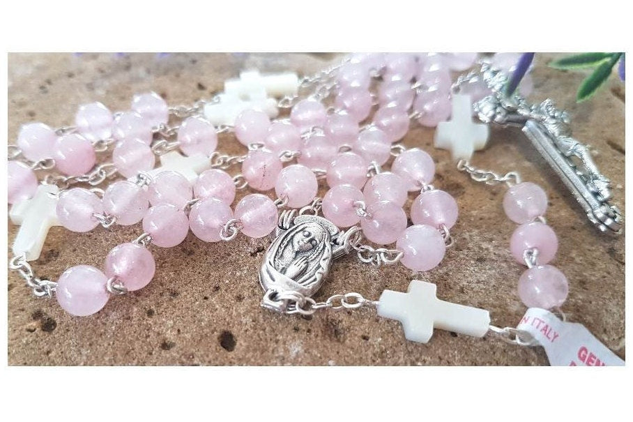 Genuine Rose Quartz Rosary/Mothers Day Rosary and Gifts/Gemstone Rose Quartz with Mother Of Pearl Rosary/Italian Rose Pink Quartz Rosary