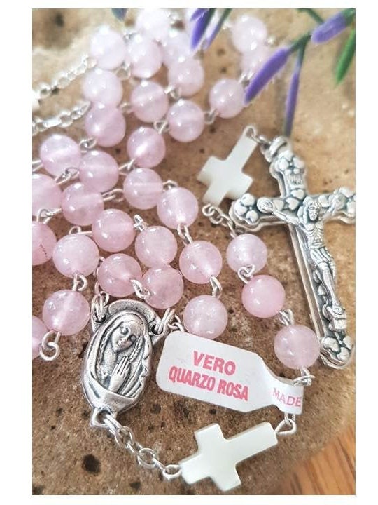 Genuine Rose Quartz Rosary/Mothers Day Rosary and Gifts/Gemstone Rose Quartz with Mother Of Pearl Rosary/Italian Rose Pink Quartz Rosary