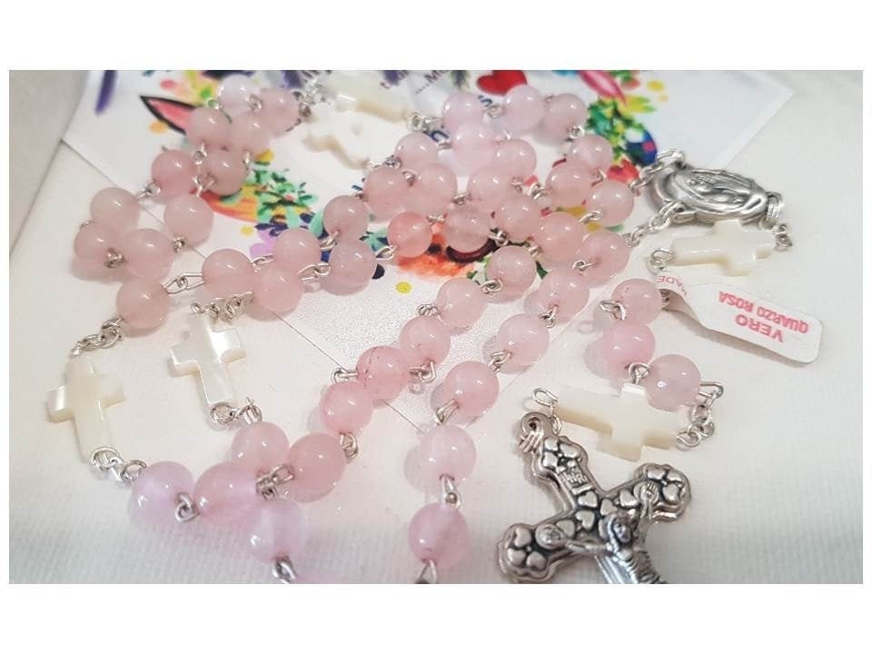 Genuine Rose Quartz Rosary/Mothers Day Rosary and Gifts/Gemstone Rose Quartz with Mother Of Pearl Rosary/Italian Rose Pink Quartz Rosary