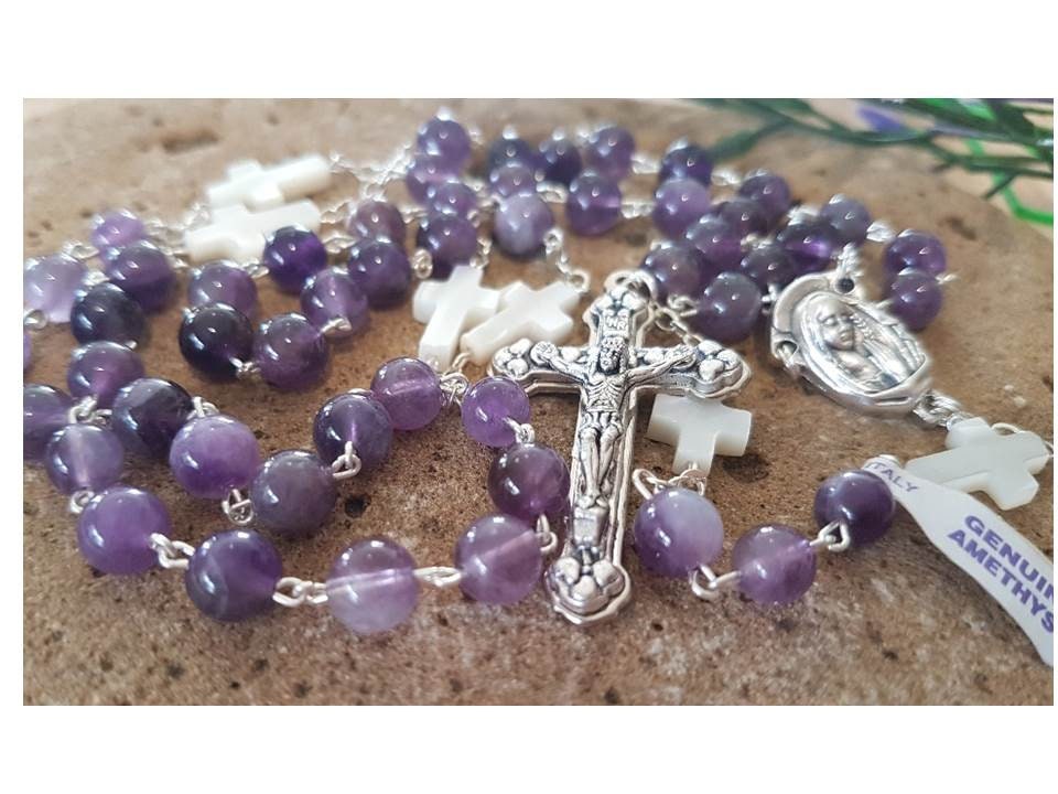 Gemstone Amethyst Rosary with Mother Of Pearl/Genuine Italian Purple Amethyst Gemstone Rosary/Healing Stone and Mother Of Pearl Beads Rosary
