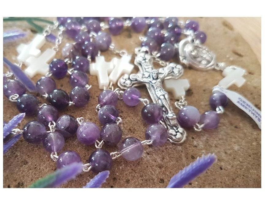 Gemstone Amethyst Rosary with Mother Of Pearl/Genuine Italian Purple Amethyst Gemstone Rosary/Healing Stone and Mother Of Pearl Beads Rosary