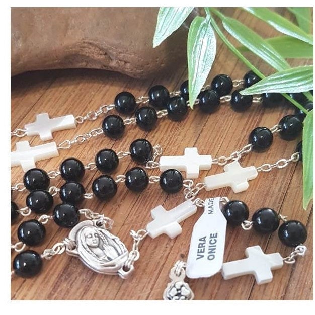 Black Onyx Gemstone Rosary/Genuine Onyx Rosaries for Men and Ladies/Mother of Pearl and Onyx Prayer Beads/Black and White Gemstone Rosary