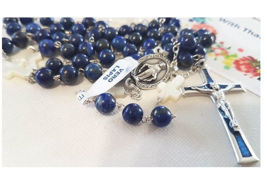Genuine Lapis Lazuli and Mother Of Pearl rosary/Real Lapis Gemstone and Pearl Cross Beads Rosary/Blue Lapis Semiprecious Stone Prayer Beads