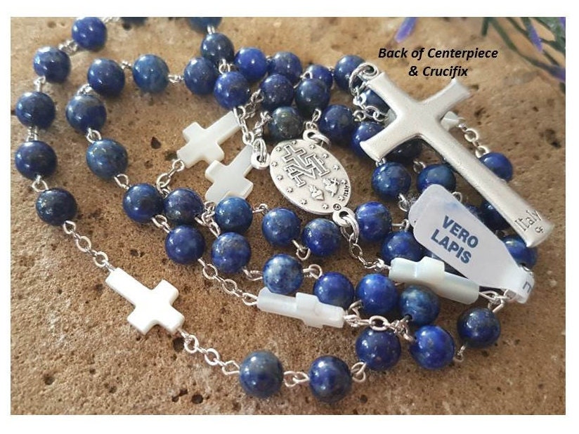 Genuine Lapis Lazuli and Mother Of Pearl rosary/Real Lapis Gemstone and Pearl Cross Beads Rosary/Blue Lapis Semiprecious Stone Prayer Beads