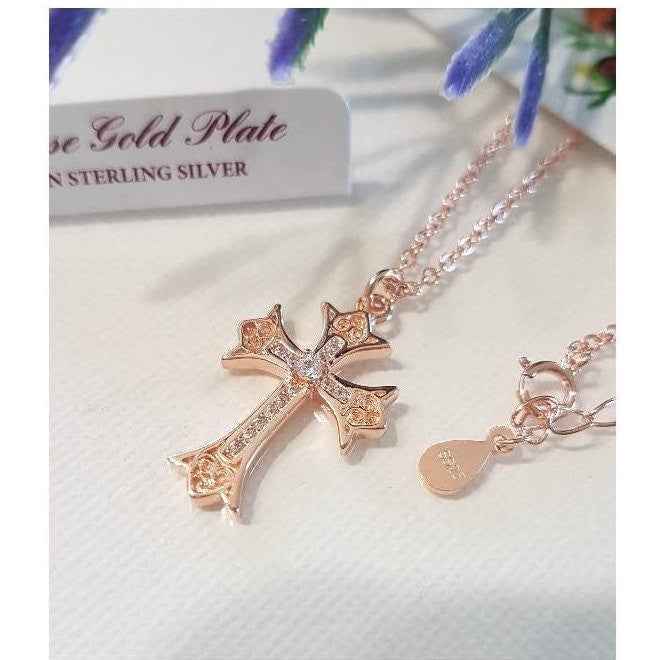Rose Gold On Sterling Silver Cross/Rose Gold Plated over Sterling Cross with Cubic Zirconia/Ladies Filigree Rose Gold Cross Necklace