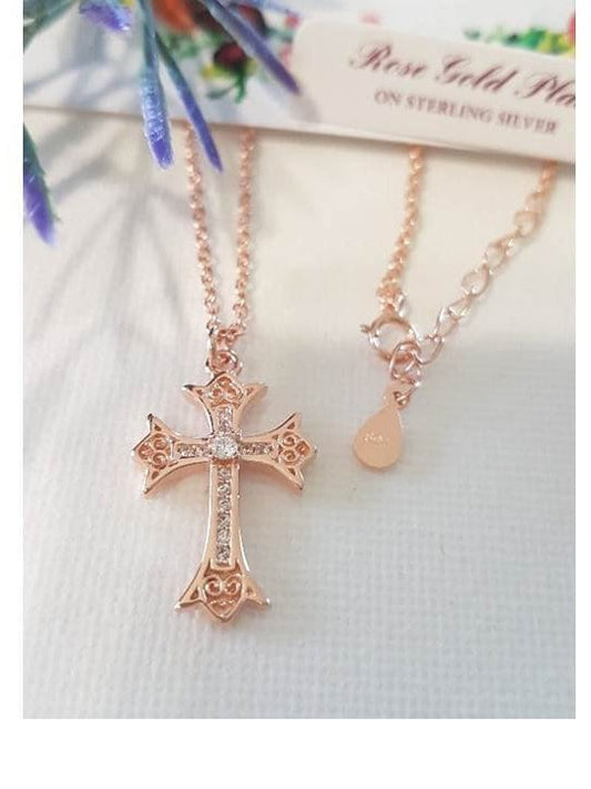 Rose Gold On Sterling Silver Cross/Rose Gold Plated over Sterling Cross with Cubic Zirconia/Ladies Filigree Rose Gold Cross Necklace