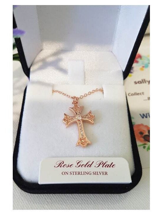 Rose Gold On Sterling Silver Cross/Rose Gold Plated over Sterling Cross with Cubic Zirconia/Ladies Filigree Rose Gold Cross Necklace