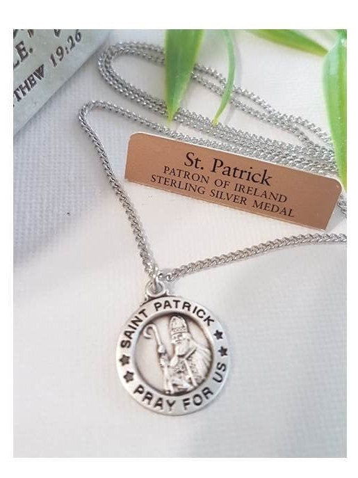 St Patrick Sterling Silver medal/Saint Patrick Patron saint Of Ireland Medal/Sterling Silver Saint Necklace/Boys Confirmation Gifts