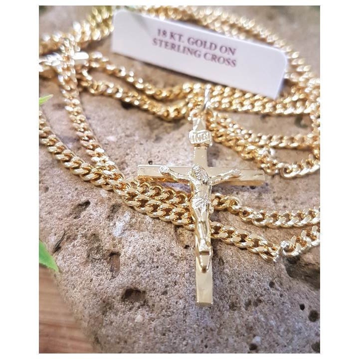 Mens Gold On Sterling Silver Crucifix/Classic Crucifix Necklace/Gold Plated On Sterling Crucifix Pendant/Crucifix Cross with Heavy Chain