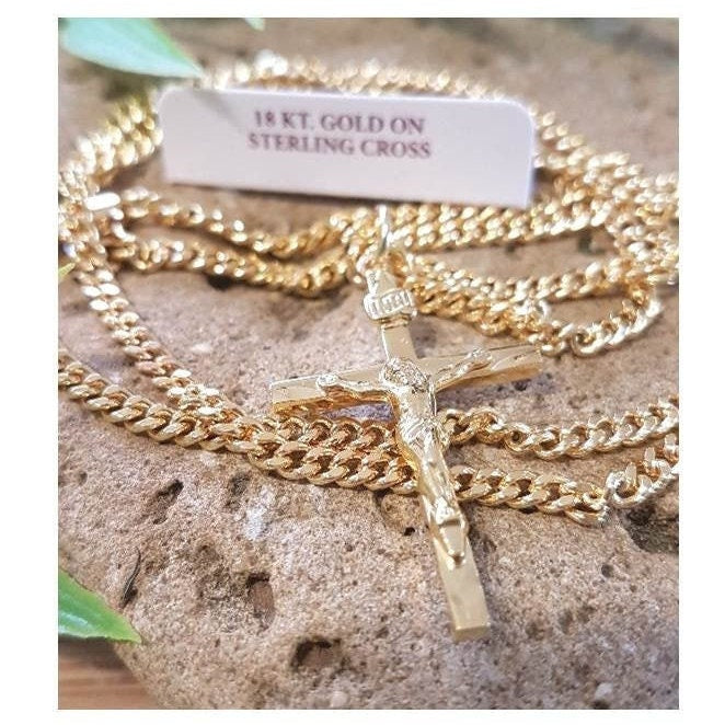 Mens Gold On Sterling Silver Crucifix/Classic Crucifix Necklace/Gold Plated On Sterling Crucifix Pendant/Crucifix Cross with Heavy Chain
