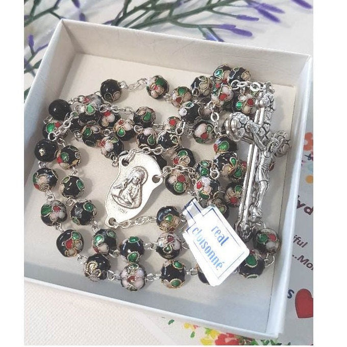 Real Cloisonne Rosary/Black Genuine Cloisonne Rosary/Catholic Rosary with Italian Cloisonne Beads/Italy imports beads/Black Catholic Rosary