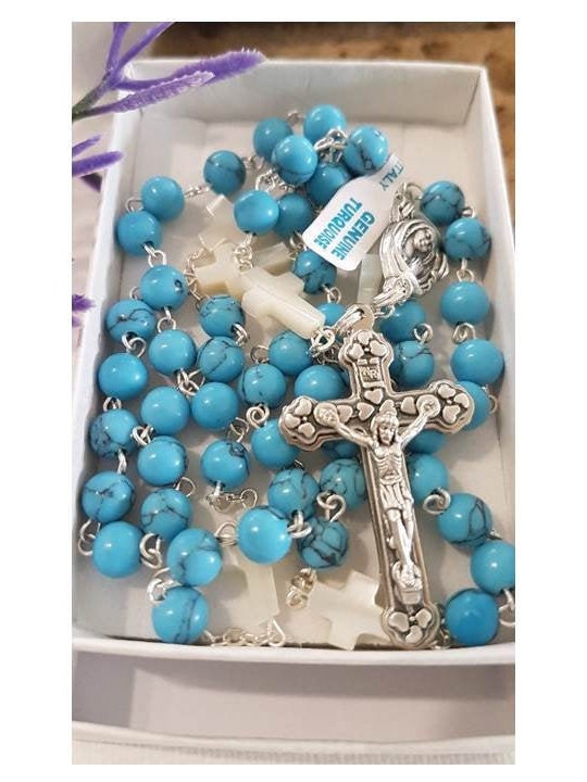 Genuine Turquoise and Mother Of Pearl Rosary/Real Gemstone Turquoise Rosary/Mother Of Pearl Cross and Blue Turquoise Catholic Prayer Beads