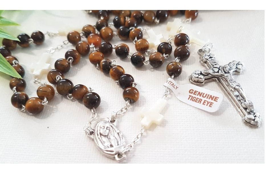 Gemstone Tiger Eye and Mother Of Pearl Rosary/Real Tiger Eye Stone and Mother Of Pearl Cross Beads Rosary/Gemstone Catholic Prayer Beads