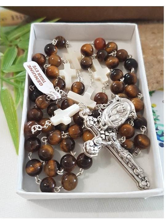 Gemstone Tiger Eye and Mother Of Pearl Rosary/Real Tiger Eye Stone and Mother Of Pearl Cross Beads Rosary/Gemstone Catholic Prayer Beads