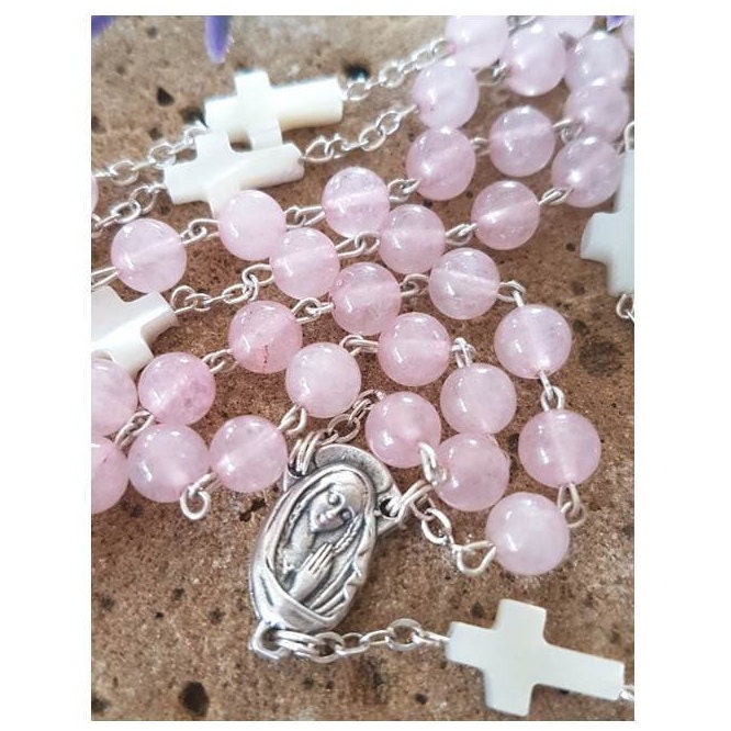 Genuine Rose Quartz Rosary/Mothers Day Rosary and Gifts/Gemstone Rose Quartz with Mother Of Pearl Rosary/Italian Rose Pink Quartz Rosary