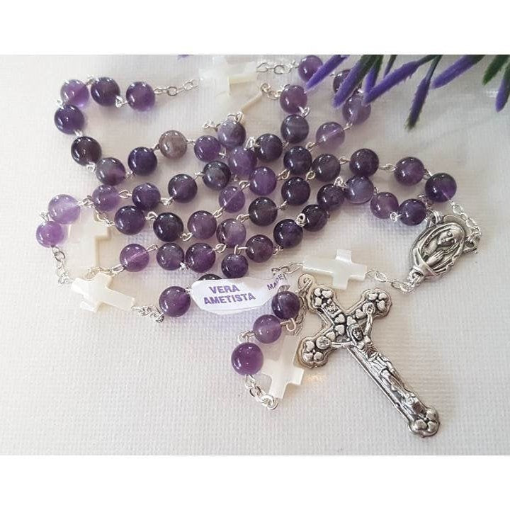 Gemstone Amethyst Rosary with Mother Of Pearl/Genuine Italian Purple Amethyst Gemstone Rosary/Healing Stone and Mother Of Pearl Beads Rosary
