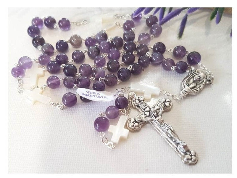 Gemstone Amethyst Rosary with Mother Of Pearl/Genuine Italian Purple Amethyst Gemstone Rosary/Healing Stone and Mother Of Pearl Beads Rosary