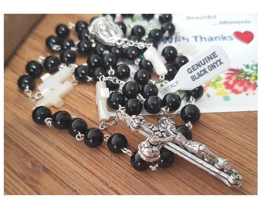 Black Onyx Gemstone Rosary/Genuine Onyx Rosaries for Men and Ladies/Mother of Pearl and Onyx Prayer Beads/Black and White Gemstone Rosary