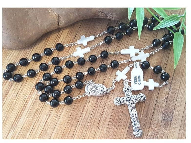 Black Onyx Gemstone Rosary/Genuine Onyx Rosaries for Men and Ladies/Mother of Pearl and Onyx Prayer Beads/Black and White Gemstone Rosary