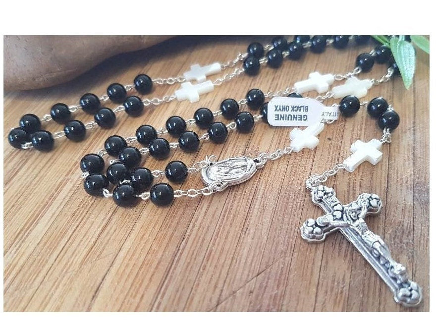 Black Onyx Gemstone Rosary/Genuine Onyx Rosaries for Men and Ladies/Mother of Pearl and Onyx Prayer Beads/Black and White Gemstone Rosary