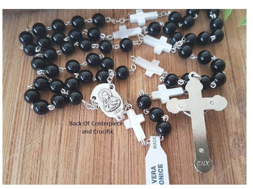 Black Onyx Gemstone Rosary/Genuine Onyx Rosaries for Men and Ladies/Mother of Pearl and Onyx Prayer Beads/Black and White Gemstone Rosary