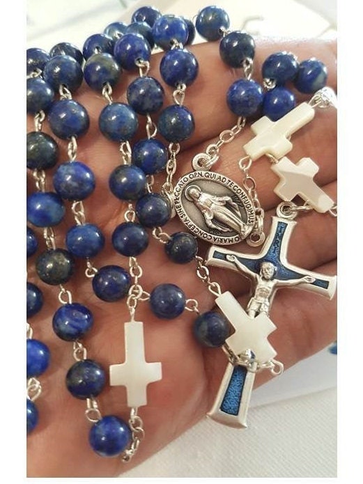 Genuine Lapis Lazuli and Mother Of Pearl rosary/Real Lapis Gemstone and Pearl Cross Beads Rosary/Blue Lapis Semiprecious Stone Prayer Beads