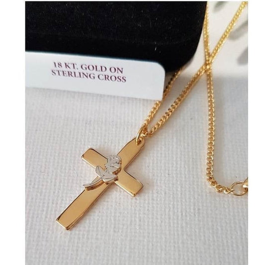 Cross With Rose Pendant, 18Kt Gold On Sterling Silver Cross, Ladies Cross with Rose Pendant, Mother's Day, Wife Gift, Ladies Christian Gift