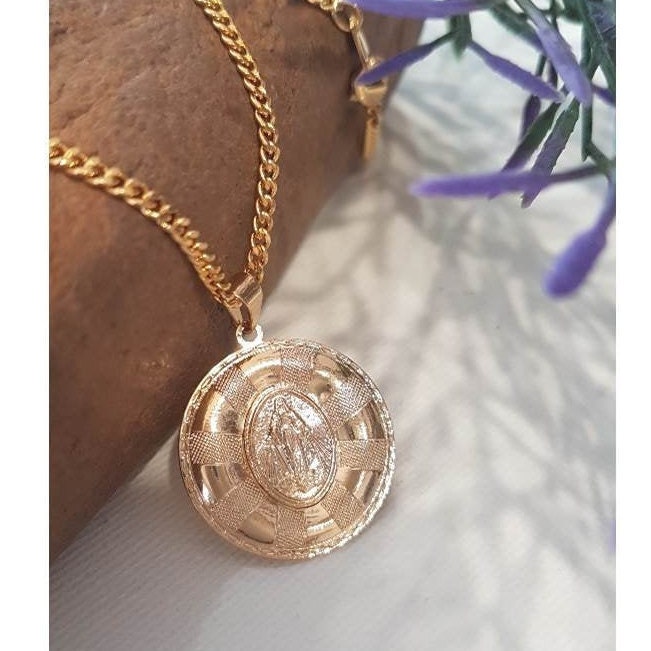 Gold Filled Mother Mary Pendant/18K Gold Filled Round Virgin Mary Pendant/Our Lady Of Grace Gold Necklace/Ladies Madonna Gold Jewelry