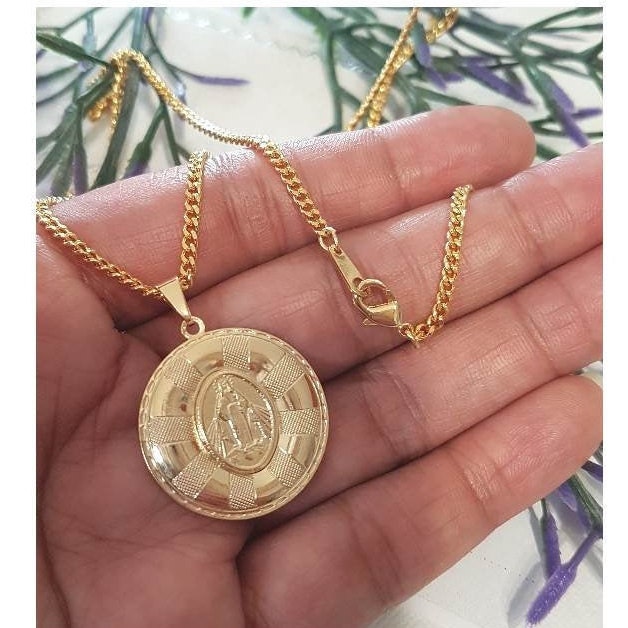 Gold Filled Mother Mary Pendant/18K Gold Filled Round Virgin Mary Pendant/Our Lady Of Grace Gold Necklace/Ladies Madonna Gold Jewelry
