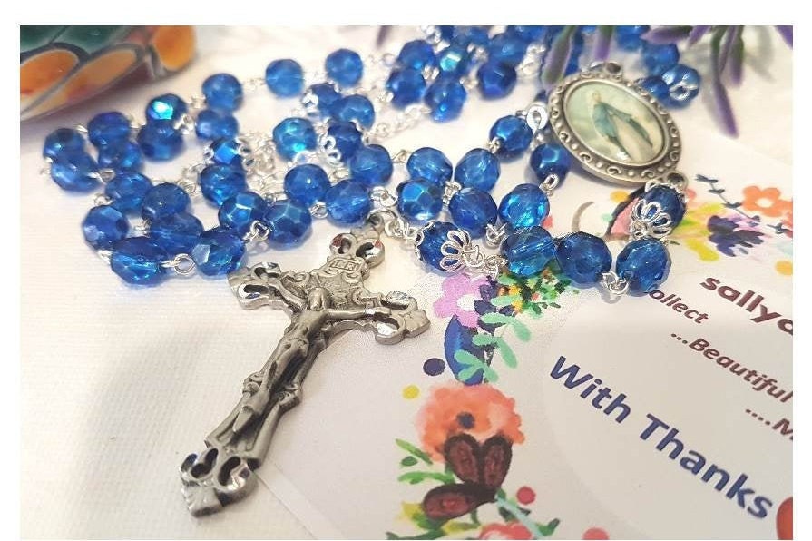 Our Lady Of Grace Rosary,Sky Blue Rosary with Miraculous Lady Centrepiece,Strong  Linked Rosary, Ladies and Mother's Day Crystal Rosary