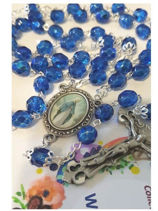 Our Lady Of Grace Rosary,Sky Blue Rosary with Miraculous Lady Centrepiece,Strong  Linked Rosary, Ladies and Mother's Day Crystal Rosary