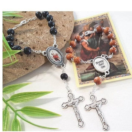 Wood Car Rosary/Black and Brown Wood St Christopher Auto Rosary/Carved Wood One Decade Rosary/Travellers Patron Saint  Rosary & Prayer Card