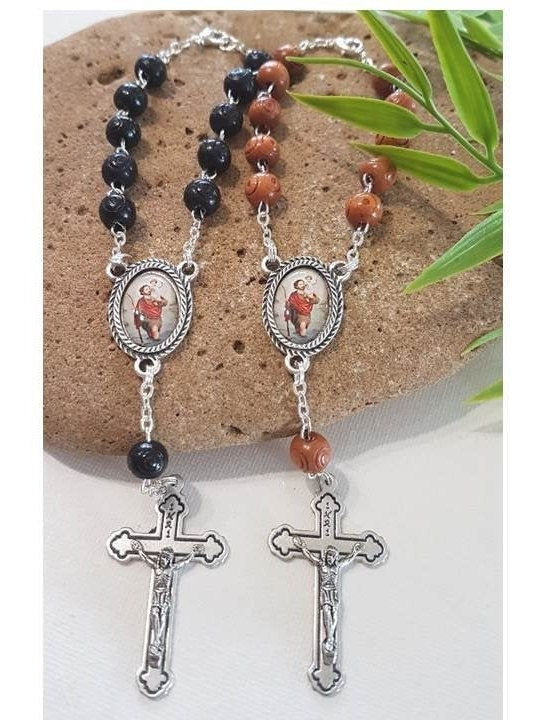 Wood Car Rosary/Black and Brown Wood St Christopher Auto Rosary/Carved Wood One Decade Rosary/Travellers Patron Saint  Rosary & Prayer Card