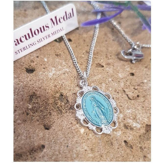 Blue Miraculous Medal Necklace,Sterling Silver Virgin Mary Pendant with Blue Epoxy,Blue Our Lady In Grace Pendant for Ladies,Gifts For Her