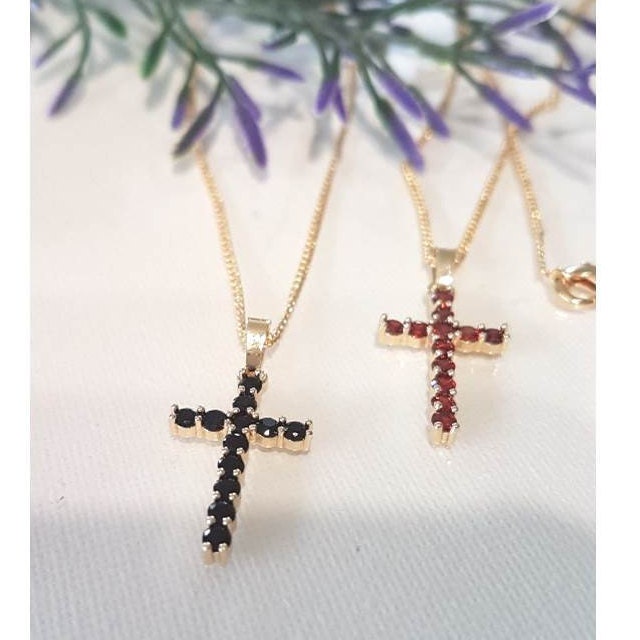 Garnet Cross Pendant/Jet Black Gold Cross Necklace/14K Gold Filled CZ Paved Pendant/Ladies Cross Necklace/Christian Gold Cross Pendant