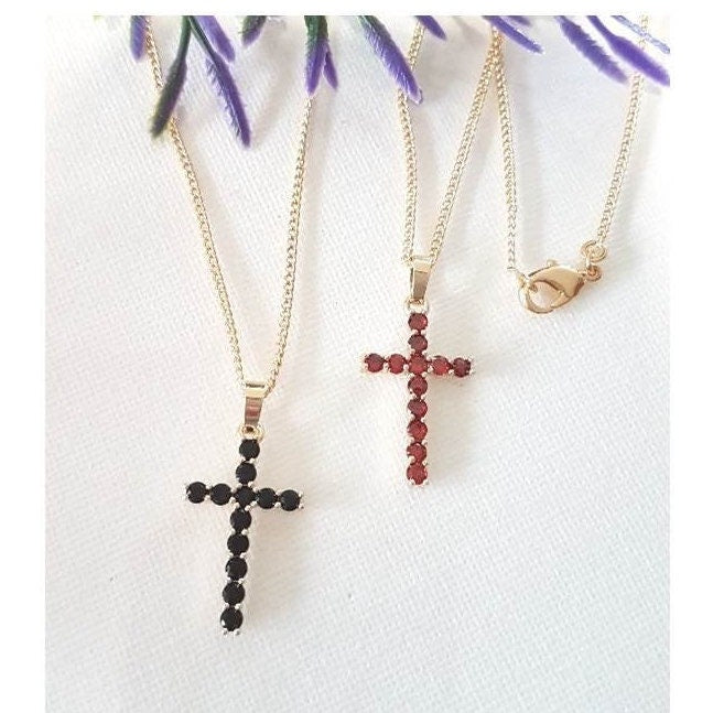 Garnet Cross Pendant/Jet Black Gold Cross Necklace/14K Gold Filled CZ Paved Pendant/Ladies Cross Necklace/Christian Gold Cross Pendant