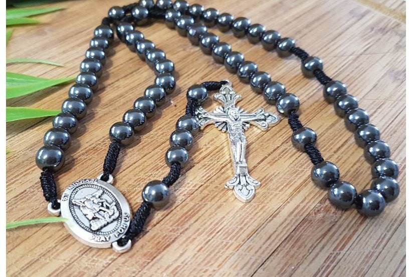 St Michael Big Hematite Rosary/Hematite Rosary with Black Cord/Saint Michael Heavy Rosary for Adults/Mens Religious Gift/Heavy and Big Beads