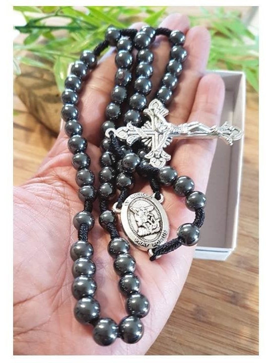 St Michael Big Hematite Rosary/Hematite Rosary with Black Cord/Saint Michael Heavy Rosary for Adults/Mens Religious Gift/Heavy and Big Beads