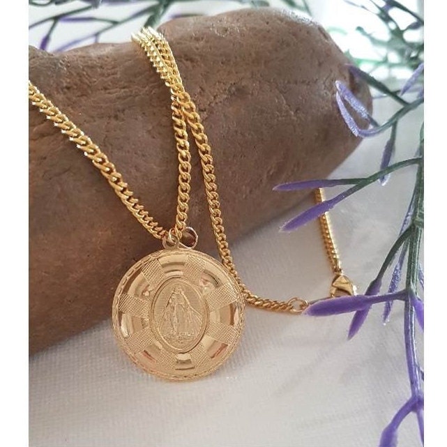 Gold Filled Mother Mary Pendant/18K Gold Filled Round Virgin Mary Pendant/Our Lady Of Grace Gold Necklace/Ladies Madonna Gold Jewelry