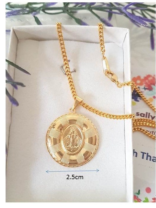 Gold Filled Mother Mary Pendant/18K Gold Filled Round Virgin Mary Pendant/Our Lady Of Grace Gold Necklace/Ladies Madonna Gold Jewelry