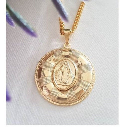 Gold Filled Mother Mary Pendant/18K Gold Filled Round Virgin Mary Pendant/Our Lady Of Grace Gold Necklace/Ladies Madonna Gold Jewelry
