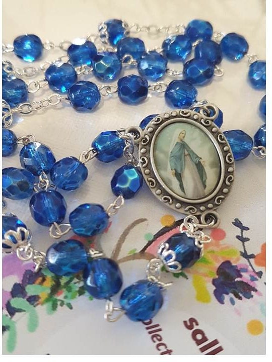 Our Lady Of Grace Rosary,Sky Blue Rosary with Miraculous Lady Centrepiece,Strong  Linked Rosary, Ladies and Mother's Day Crystal Rosary