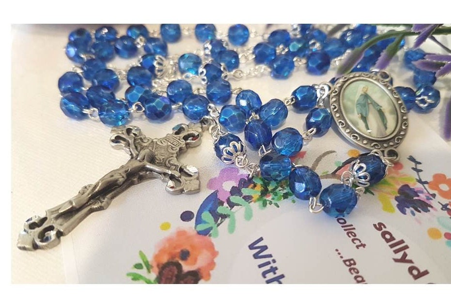 Our Lady Of Grace Rosary,Sky Blue Rosary with Miraculous Lady Centrepiece,Strong  Linked Rosary, Ladies and Mother's Day Crystal Rosary