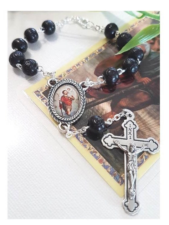 Wood Car Rosary/Black and Brown Wood St Christopher Auto Rosary/Carved Wood One Decade Rosary/Travellers Patron Saint  Rosary & Prayer Card