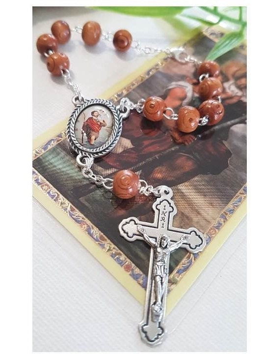 Wood Car Rosary/Black and Brown Wood St Christopher Auto Rosary/Carved Wood One Decade Rosary/Travellers Patron Saint  Rosary & Prayer Card