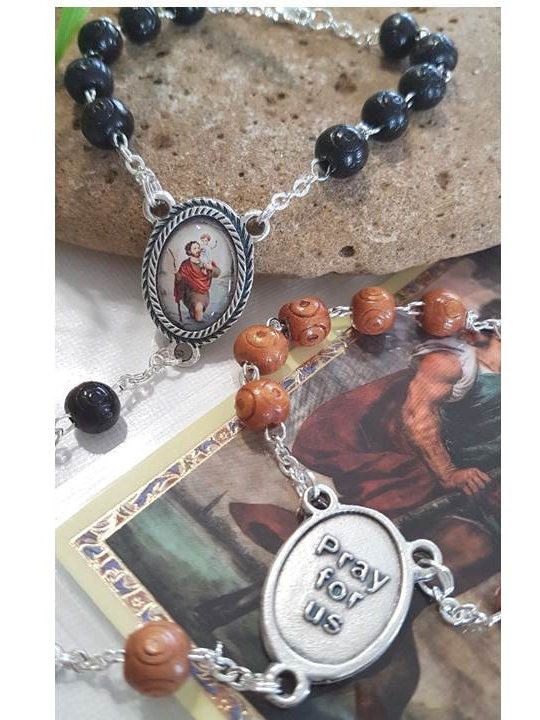 Wood Car Rosary/Black and Brown Wood St Christopher Auto Rosary/Carved Wood One Decade Rosary/Travellers Patron Saint  Rosary & Prayer Card