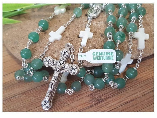 Aventurine Gemstone Rosary/Genuine Gemstone and Mother Of Pearl Rosary/Healing Aventurine Prayer Beads/Mother Of Pearl Cross/Italian Beads